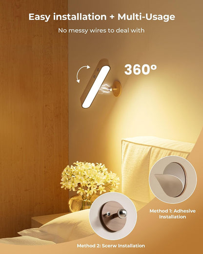 PopoIron Rechargeable LED Wall Sconces Set of Two,Wall Lights for Bedroom with Remote Control and Touch,360° Magnetic Rotation,3 Colors Dimmable Brightness Wood Wall Lamps with 15 RGB Colors,2 Pack
