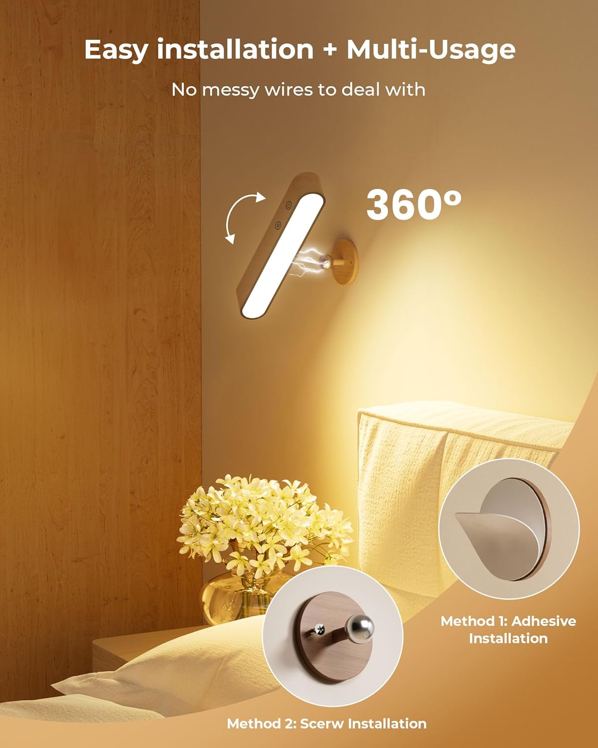 PopoIron Rechargeable LED Wall Sconces Set of Two,Wall Lights for Bedroom with Remote Control and Touch,360° Magnetic Rotation,3 Colors Dimmable Brightness Wood Wall Lamps with 15 RGB Colors,2 Pack