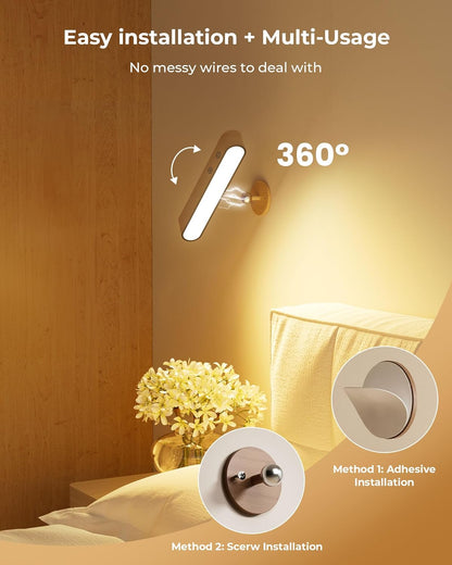 PopoIron Rechargeable LED Wall Sconces Set of Two,Wall Lights for Bedroom with Remote Control and Touch,360° Magnetic Rotation,3 Colors Dimmable Brightness Wood Wall Lamps with 15 RGB Colors,2 Pack