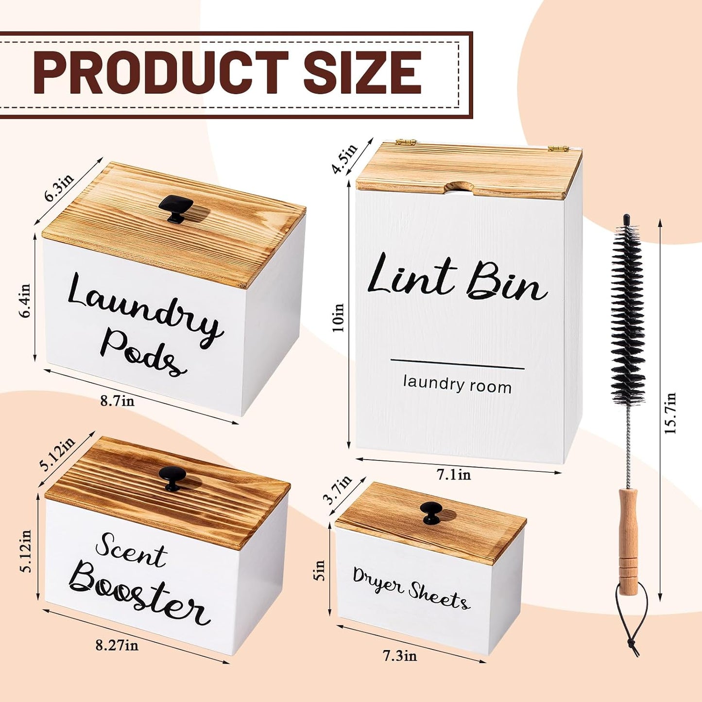 4 Pcs Magnetic Laundry Pod Holder Laundry Room Container Set, Lint Bin with Scoop and Brush Dryer Sheet Holder, Scent Booster Container Rustic Gift Wood Farmhouse Room Decorcontainer(Black)