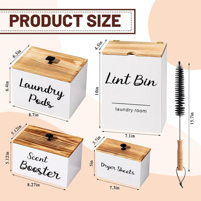 4 Pcs Magnetic Laundry Pod Holder Laundry Room Container Set, Lint Bin with Scoop and Brush Dryer Sheet Holder, Scent Booster Container Rustic Gift Wood Farmhouse Room Decorcontainer(Black)