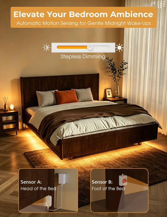 Smart Plug-in Dual Motion Sensor COB LED Strip Light for Under Bed, Under Cabinet, Hallway, Closet, 19.6ft APP Control, 3000K Warm White