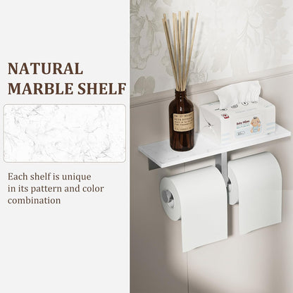 BWE Brushed Gold Toilet Paper Holder with Marble Shelf Wall Mounted | Toilet Paper Roll Holder with Phone Shelf 304 Stainless Steel Tissue Holder for Bathroom Washroom,Saving Space