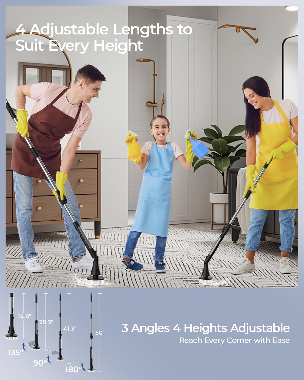 MayKing Electric Spin Scrubber with 9 Brush Heads, IPX7, Model Blue | 3-Angle & 4-Length Adjustable Cordless Power Scrubber, 3-Speed & Battery LED Display, for Bathroom, Tub, Floor & Tiles