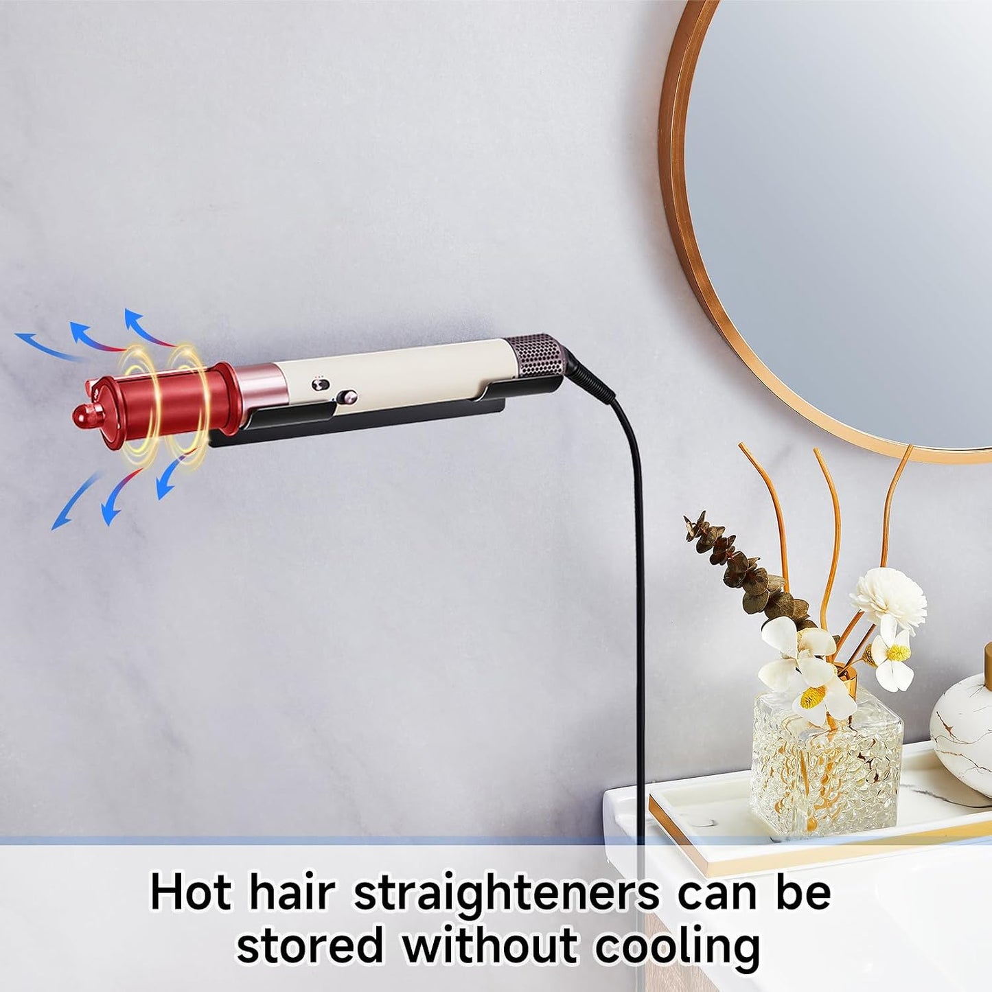 2 PCS Wall Mount Curling Iron Holder and Hair Tool Organizer with Adhesive, Multifunctional Hot Flat Iron and Hair Straightener Holder Storage Stand for Vanity, Cabinet and Wall, White