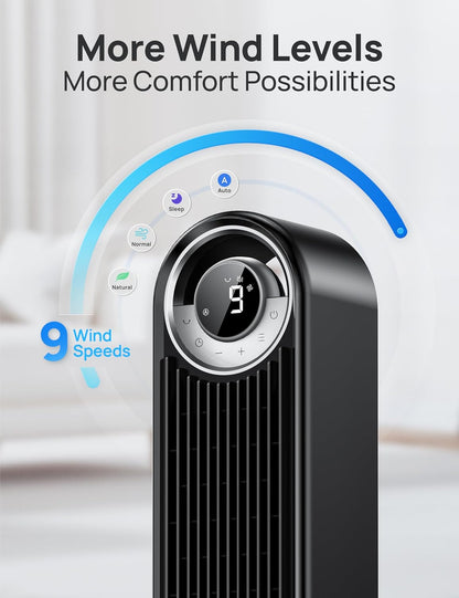 DREO Tower Fan for Bedroom, Upgraded DC 28ft/s Velocity, 20dB Quiet Fan | 9 Speeds Fans that Blow Cold Air, 90° Oscillating Cooling Fan, 4 Modes, 12H Timer Bladeless Standing Fan for Home, Black