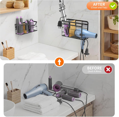 2 Pack Hair Tool Organizer - Hair Dryer Holder Wall Mounted/Cabinet Door - Adjustable Height Blow Dryer Holder - Curling Irons Storage with 2 Hooks (Black)