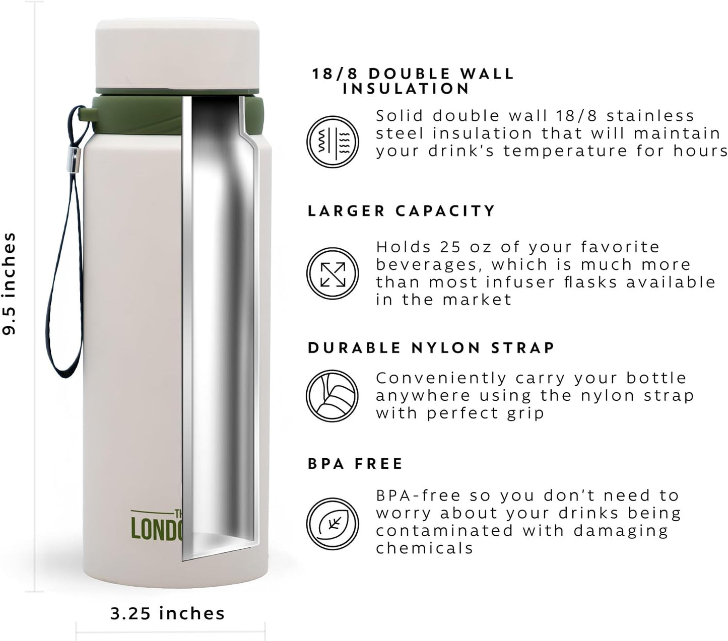 London Sip 25 oz Multi-Function Travel Mug and Tumbler Tea Infuser Water Bottle Fruit Infuser Flask Hot and Cold Double Wall Stainless Steel Coffee Thermos, Zen Black