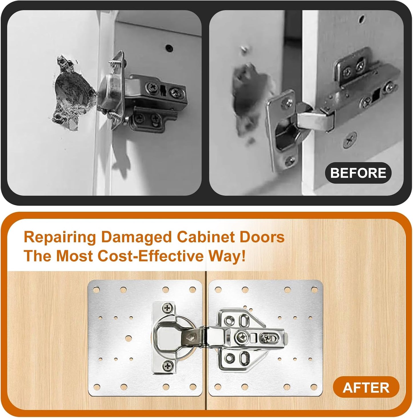 6 Pcs Cabinet Hinge Repair Plate Cabinet Repairs Kit 2 Sizes | Stainless Steel, Hinge Repair Board, with Mounting Screw, Cabinets Fixing Plate Bracket, for Kitchen Cupboard Door Cabinets