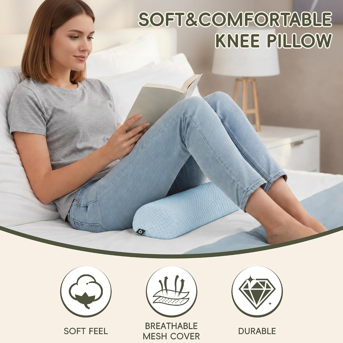 SPRING SEAON Half Moon Bolster Knee Pillow for Back Sleeping Memory Foam Leg Pillow for Ankle and Foot Comfort Under Knee Pillow for Side Sleepers Machine Washable Cover(17" x 7.5" x 4.3")