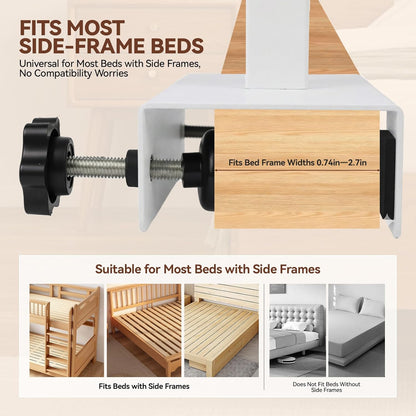 Bedside Shelf Rotating Foldable Tray:Height-Adjustable Clip On Bed Side Tray Table, Tray Table with Sturdy Metal Pole,Fits Bed Frames 0.7"-2.7" Wide for Dorms, Apartments, Bedrooms,Dorm Essentials