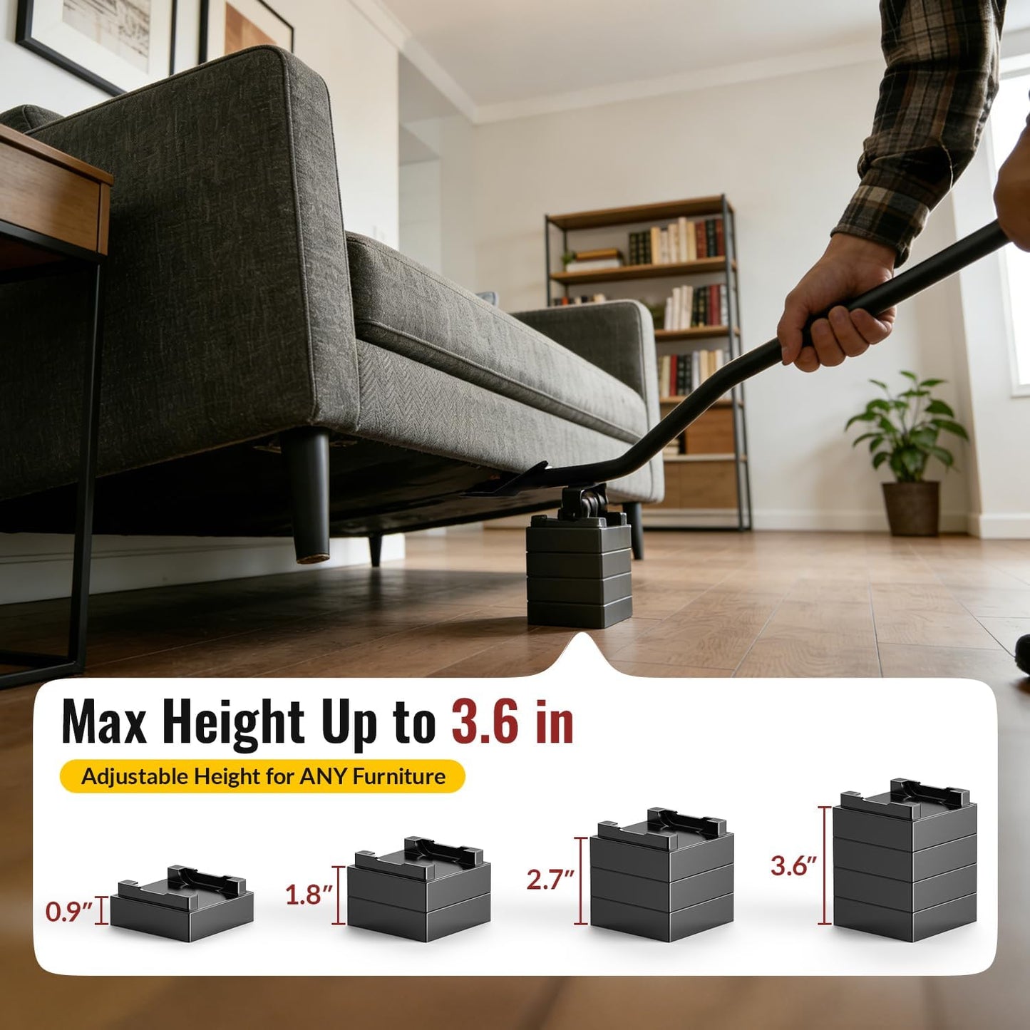 HOLKIE Heavy Duty Furniture Jack for Sliders on Carpet 4 Stackable Blocks | 660 lbs Load Appliance Lifter Jack| to Raise Furniture| Back Saving Furniture Lifter Tool| for Pads on Hardwood Floors|