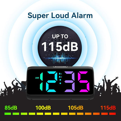 Netzu Loud Alarm Clock for Heavy Sleepers, Plug-in RGB Vibrating Alarm Clocks with Bed Shaker, 5 Dimmers, 2 Alarms and Snooze for Bedrooms Hearing Impaired Deaf Adults (Black)