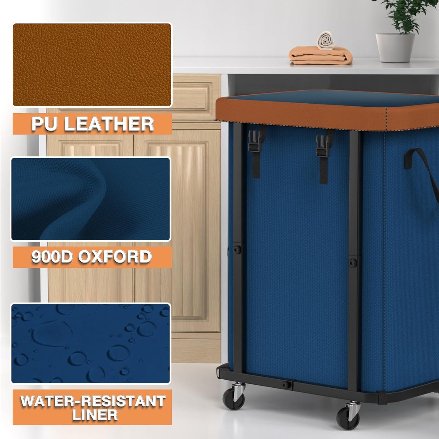 Laundry Hamper with Wheels,150L Leather Patchwork Clothes Hamper Black | Rolling Laundry Basket with Sturdy Metal Frame, Removable Washable Bag,Tall Clothes Sorter for Bedroom, Laundry Room, Dorm