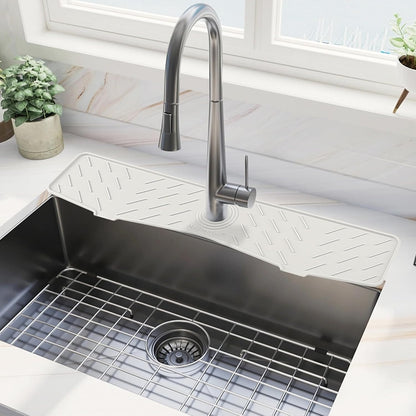 Silicone Faucet Mat for Kitchen Sink – Gen 2 Splash Guard with Upgraded Outlet & Slope – 18” x 5.1” Water Catcher & Sink Sponge Holder for Kitchen and Bathroom (Black)