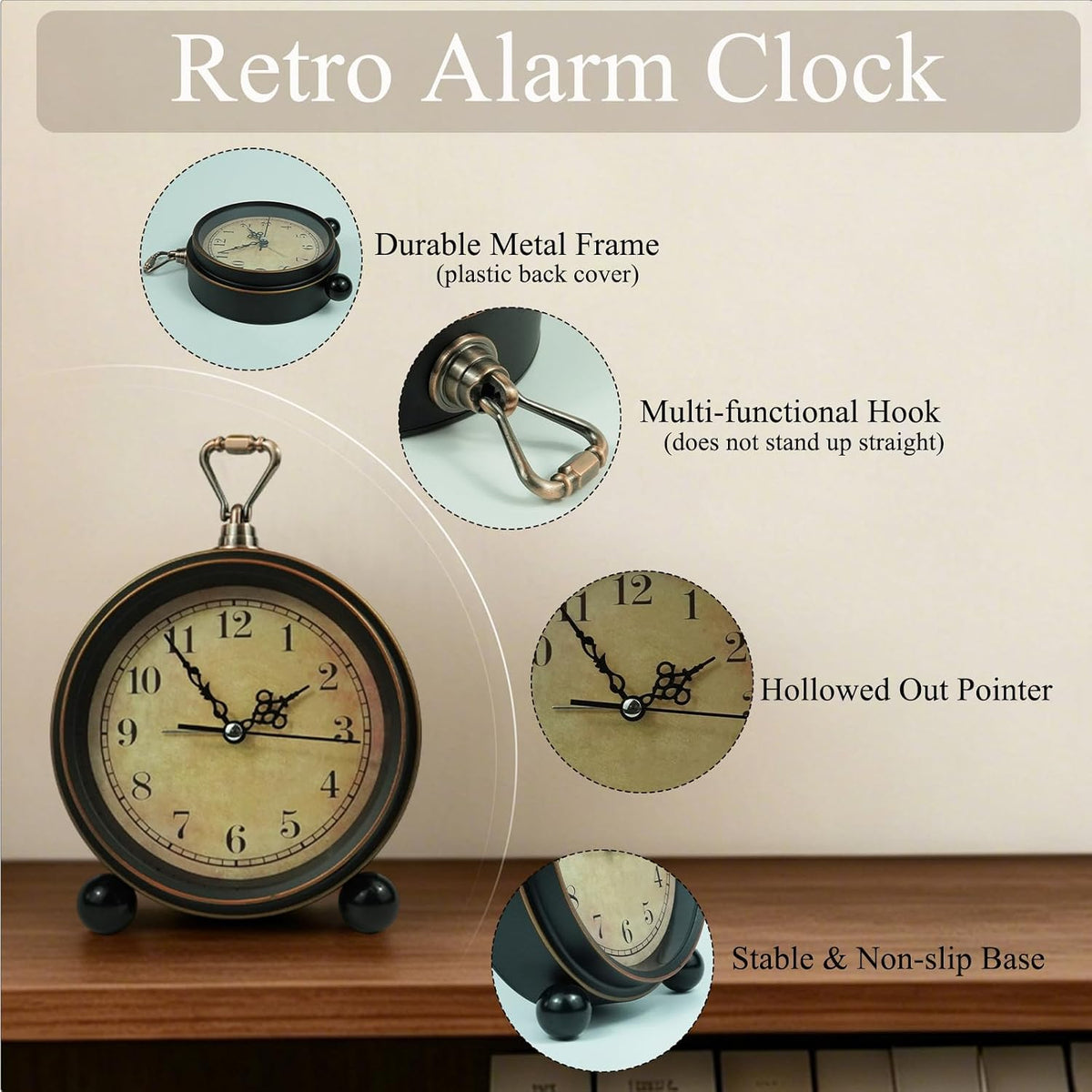 Vintage Analog Alarm Clock, 5.5 inch Hangable Super Silent Non Ticking Clock for Living Room, Bedroom, Desk, Gift Clock for Children Adults and Artist(Arabic)