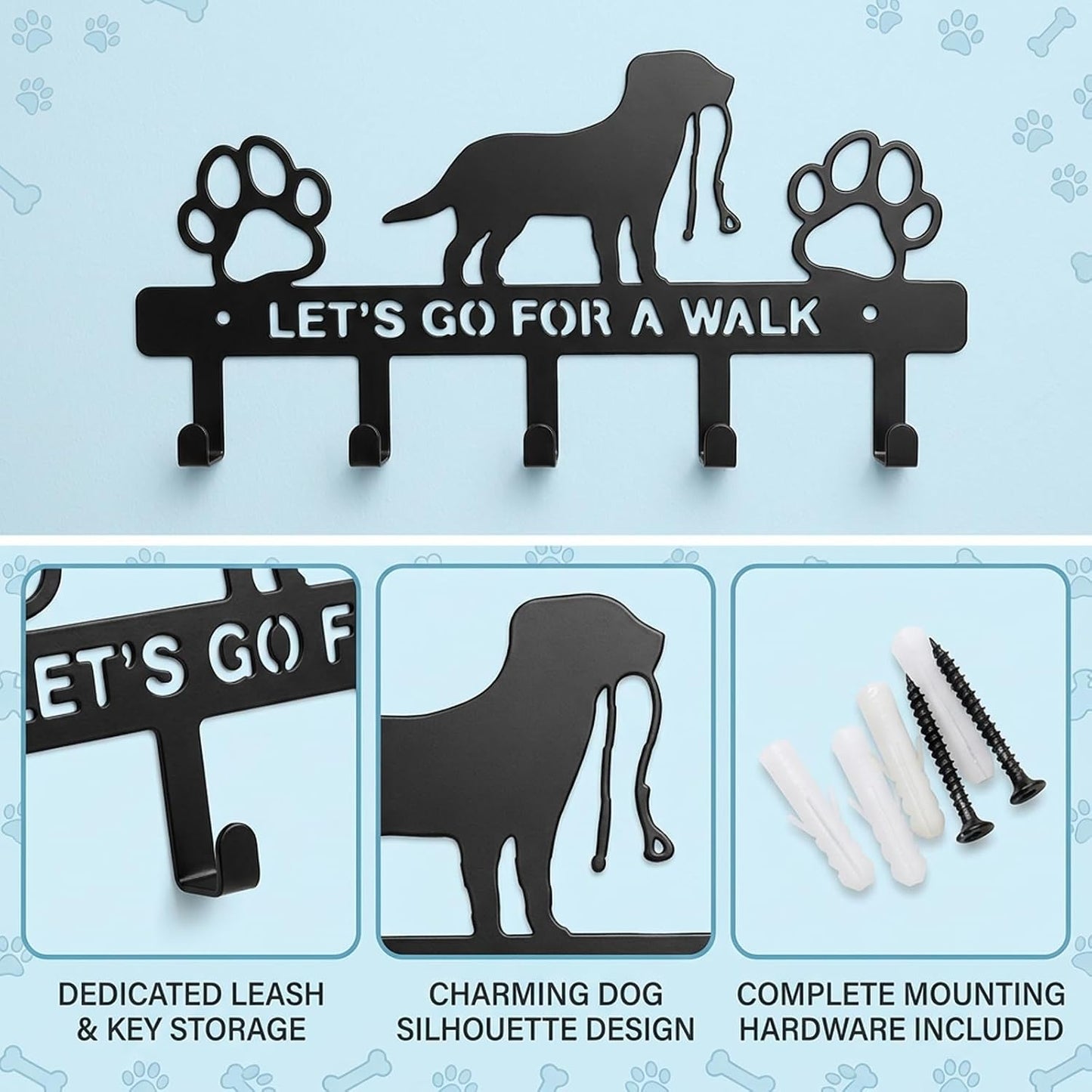 Dog Leash Holder for Wall, 5 Metal Hooks Key Mount | Screw Mounted Rack, Holds Leashes Keys Collars, for Entryway Garage Mudroom