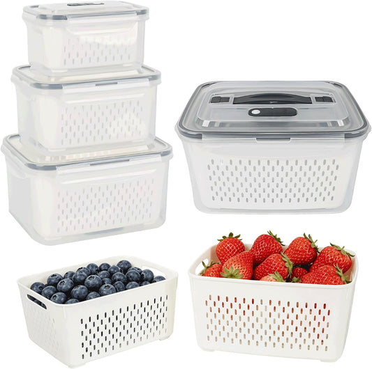 KUK 4 Pack Fruit Storage Containers for Fridge, Leakproof Food Containers with Removable Colander, Fruit Containers for Fridge BPA Free Produce Containers Keep Vegetables Berry Meat Fresh Longer