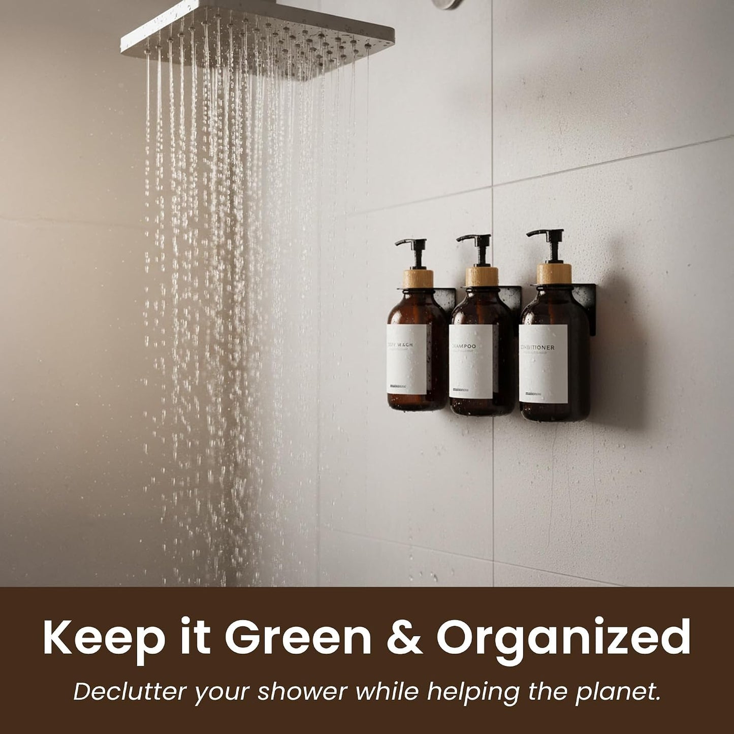 MaisoNovo Shampoo and Conditioner Dispenser|Refillable Black Set of 3 | 500 ml Shower Gel Dispenser Set of 3. Refillable Shampoo and Conditioner Bottles. Drill Free Secure Design. Black