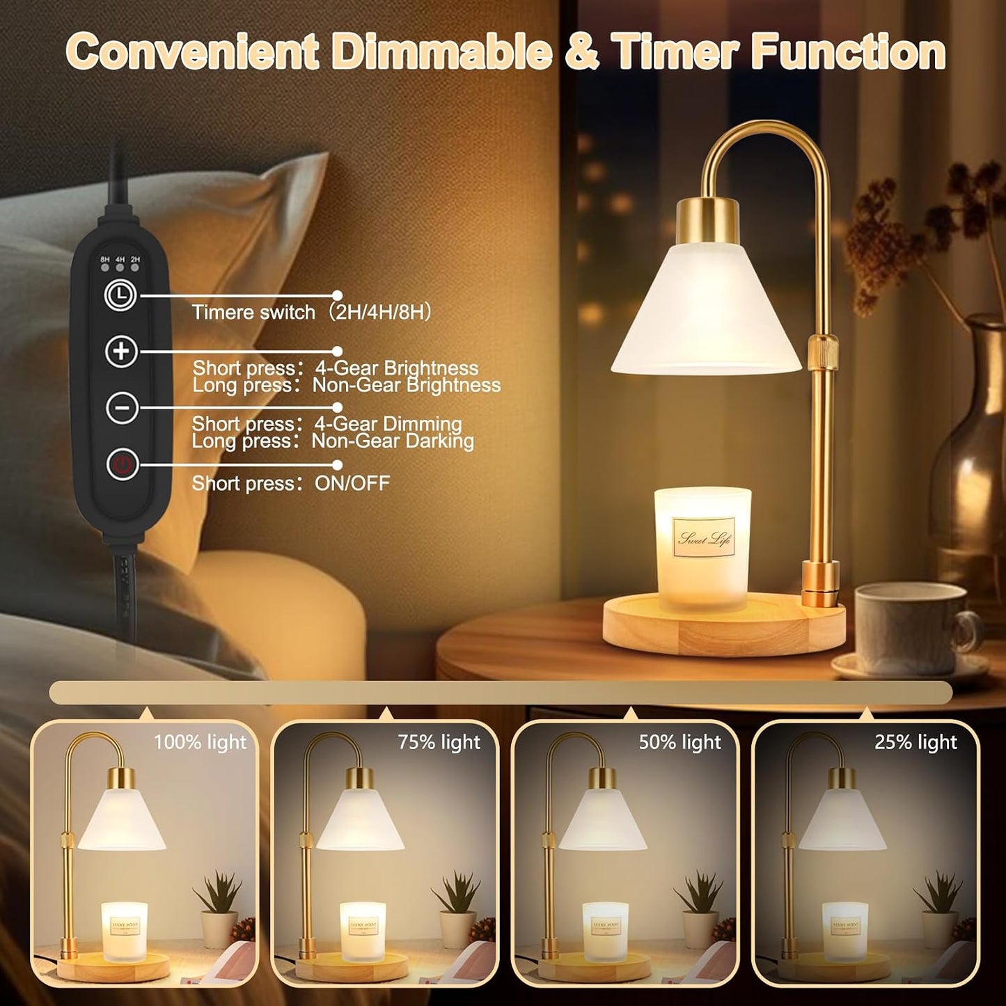 Candle Warmer Lamp with Timer & 3 Bulbs, Dimmable Electric CandleLight Adjustable Height and Brightness Candle Wax Warmer for Jar Candles Bedroom Home Decor House Warming Gift for Women (Round Gold)