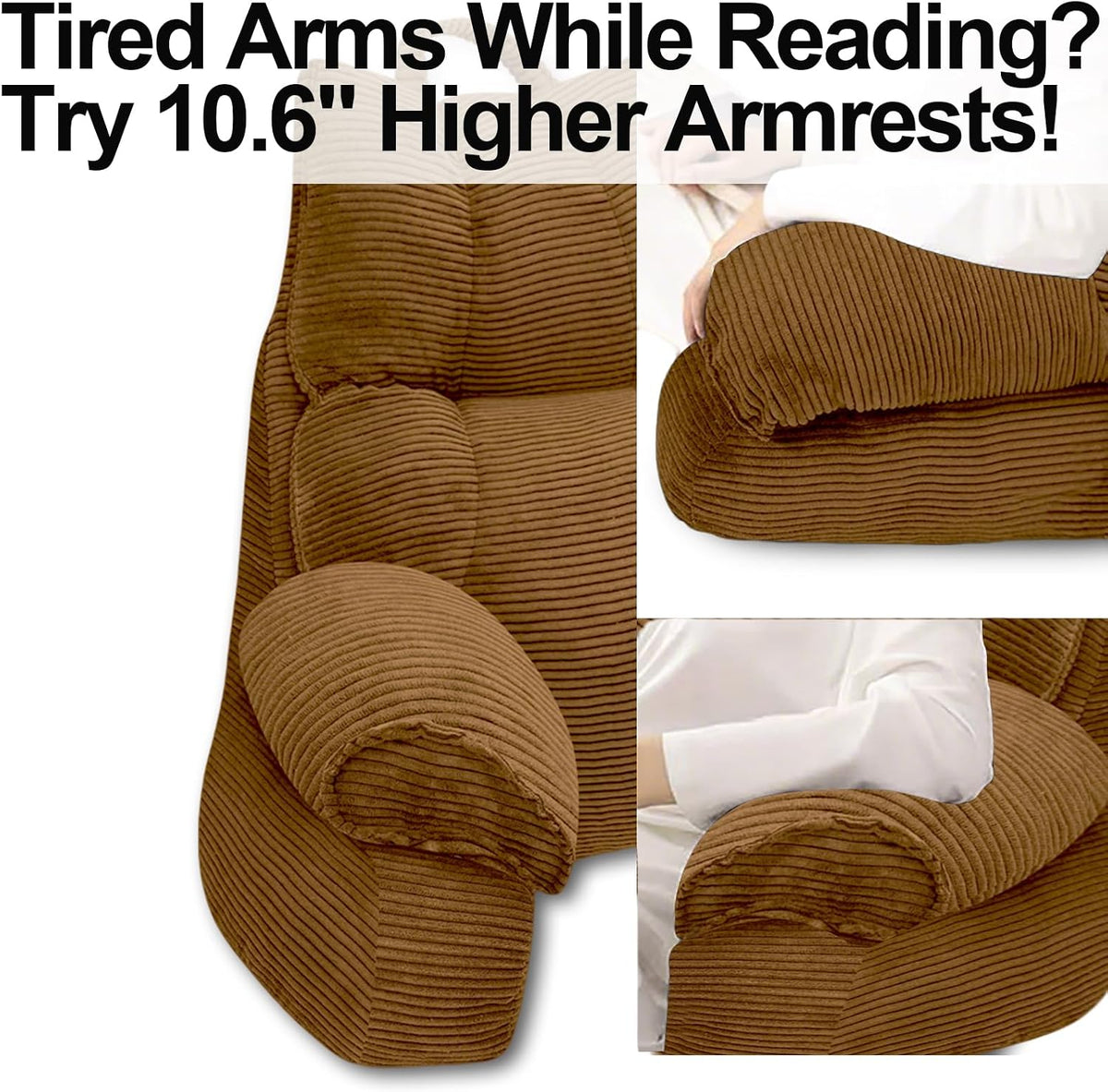 Reading Pillow for Bed with Arms, Back Support, Memory Foam（Grey Black）