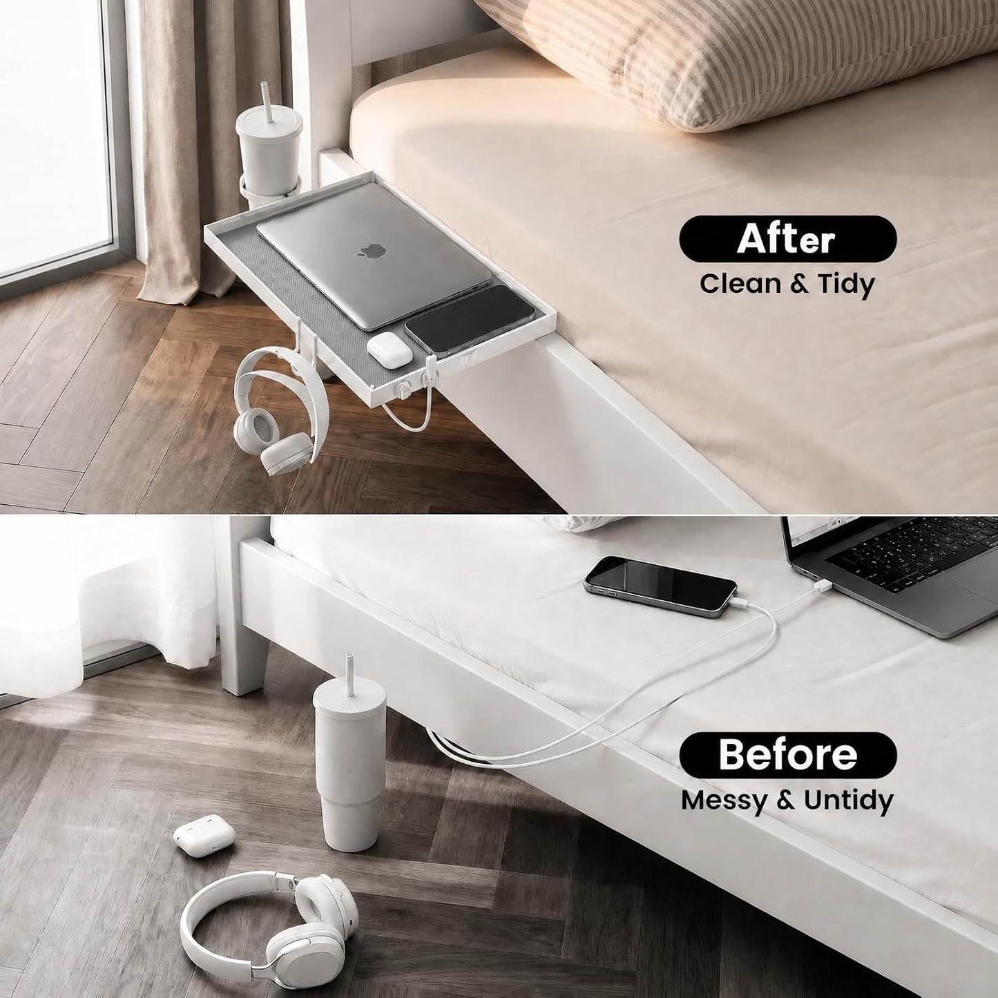 Bedside Shelf Metal, Metal Clip on Bedside Table Shelf for top bunk,Bedside Caddy for College Dorm Room Essentials for Guys(White)