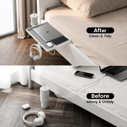 Bedside Shelf Metal, Metal Clip on Bedside Table Shelf for top bunk,Bedside Caddy for College Dorm Room Essentials for Guys(White)