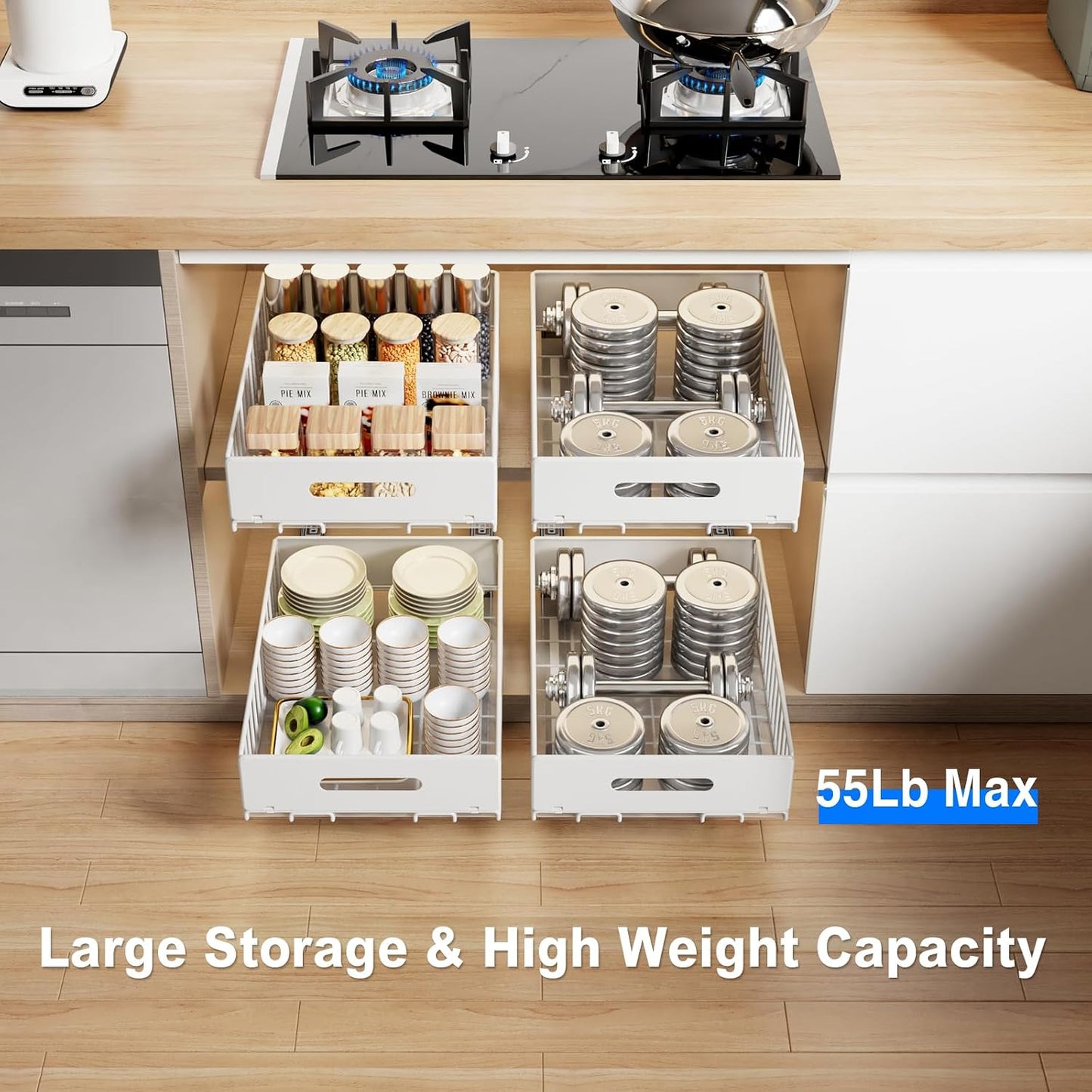Mustorn 2 Pack Pull Out Cabinet Organizer, Slide Out Drawers for Cabinets, Peel and Stick, Heavy Duty Shelves for Kitchen, Cupboard, Pantry, Bathroom (16.5"D*11.8"W*3.94"H-Black)