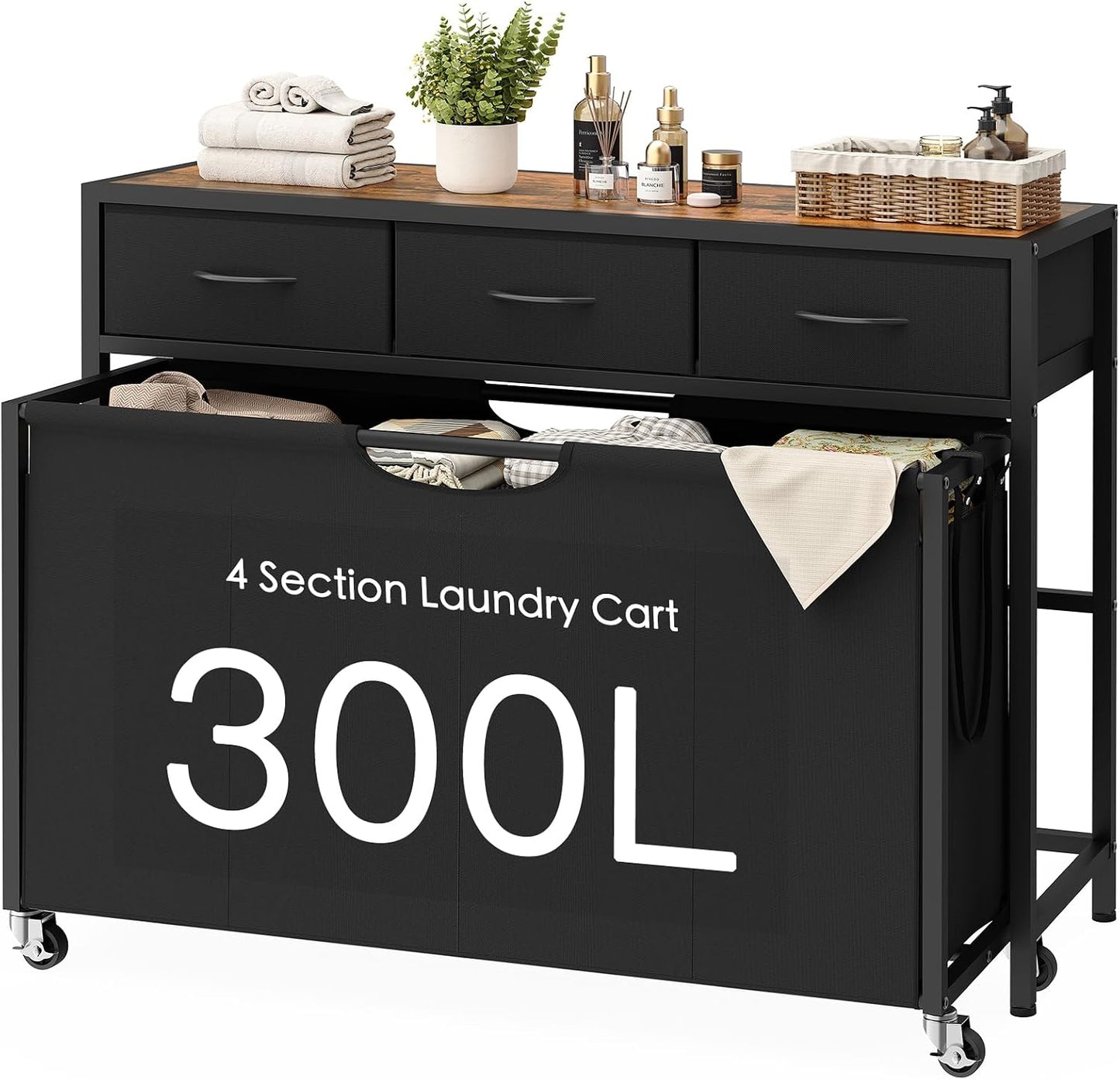 Laundry Sorter, Rolling Laundry Hamper with 3 Section Pull-Out Bags, Laundry Basket Organizer with 2 Drawers & 2-Tone Top Panel, Laundry Hamper with Wheels for Laundry Room Organization, Bathroom