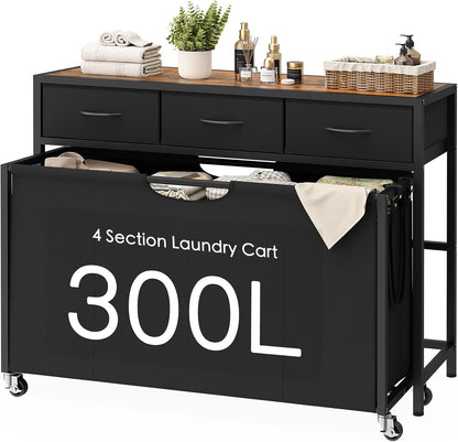 Laundry Sorter, Rolling Laundry Hamper with 3 Section Pull-Out Bags, Laundry Basket Organizer with 2 Drawers & 2-Tone Top Panel, Laundry Hamper with Wheels for Laundry Room Organization, Bathroom