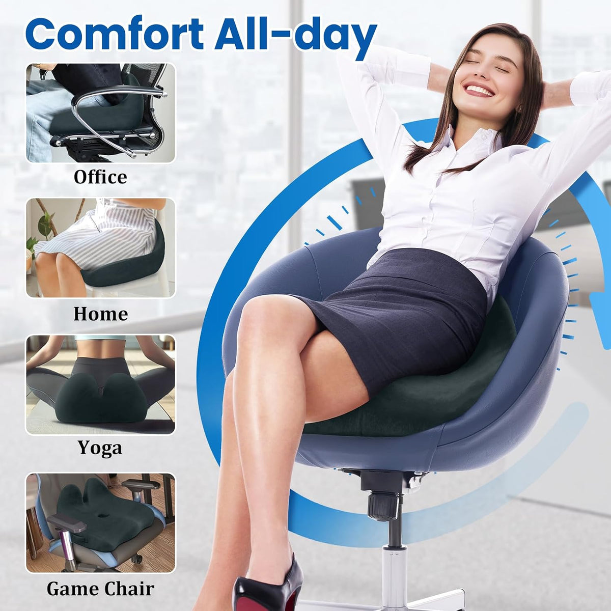 CushZone Ergonomic Seat Cushion, Sciatica Support for Office Chair, Black