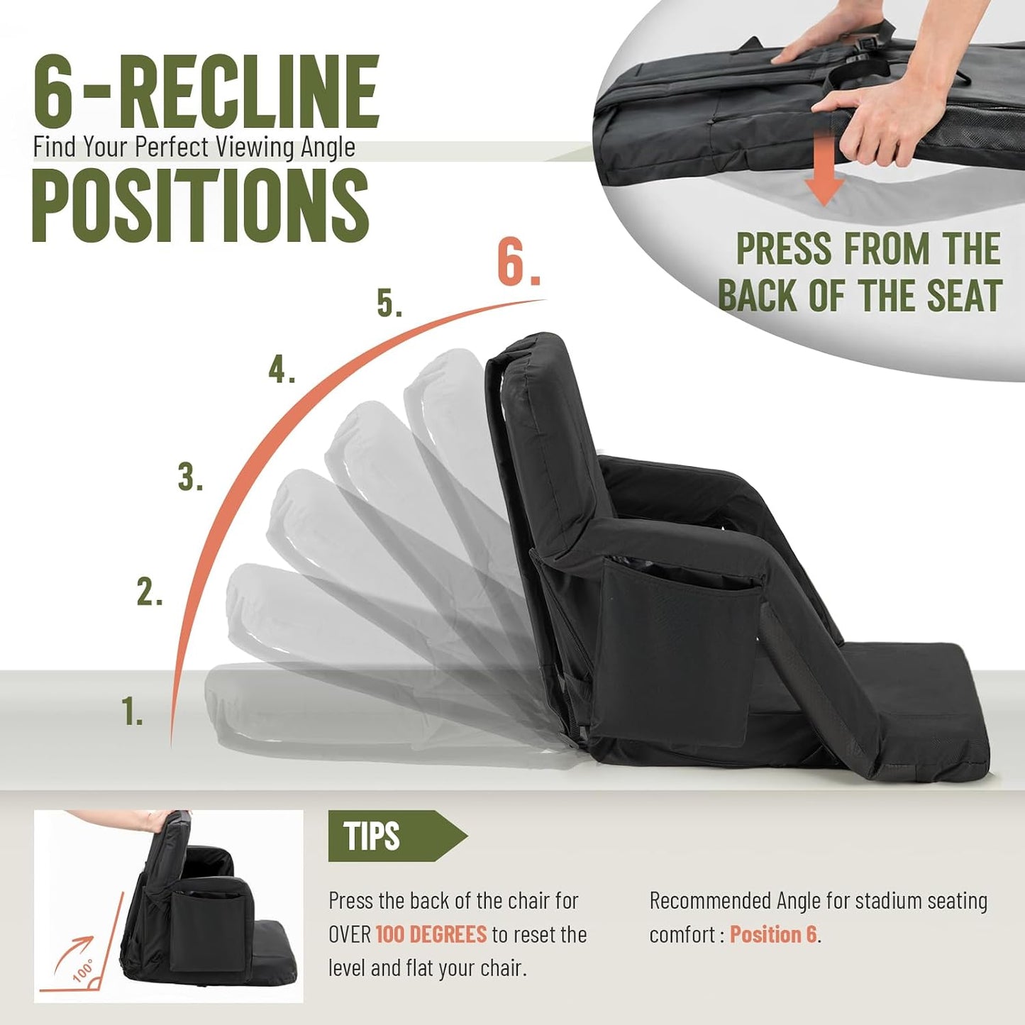 Overmont Heated Wide Stadium Seats 2 Pack, Dual-Zone Heat | 3 Heat Levels with Independent Control, 6 Recline Positions, Soft Cushion, Hooks and Pockets for Sport Camping Concerts