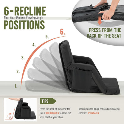 Overmont Heated Wide Stadium Seats 2 Pack, Dual-Zone Heat | 3 Heat Levels with Independent Control, 6 Recline Positions, Soft Cushion, Hooks and Pockets for Sport Camping Concerts