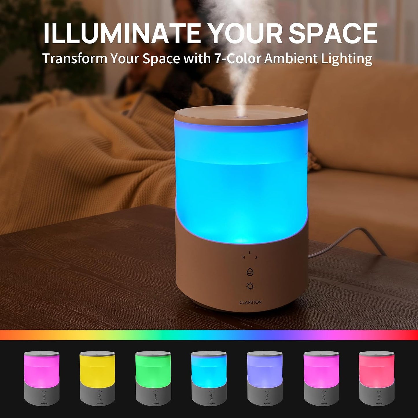 Clarston Humidifiers for Bedroom, 2.5L Cool Mist Humidifier with Essential Oils Diffuser and Nightlight, Top Fill Humidifiers for Home Large Room, Timer, Auto Shut-off, 25H Runtime