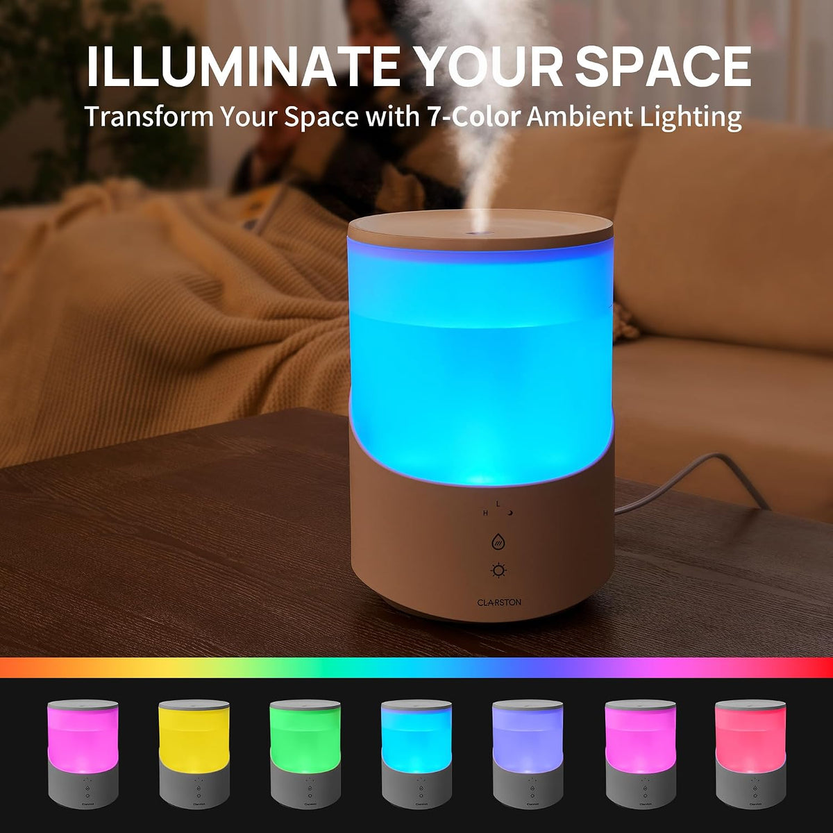 Clarston Humidifiers for Bedroom, 2L Cool Mist Humidifier, 24dB Quiet Sleep