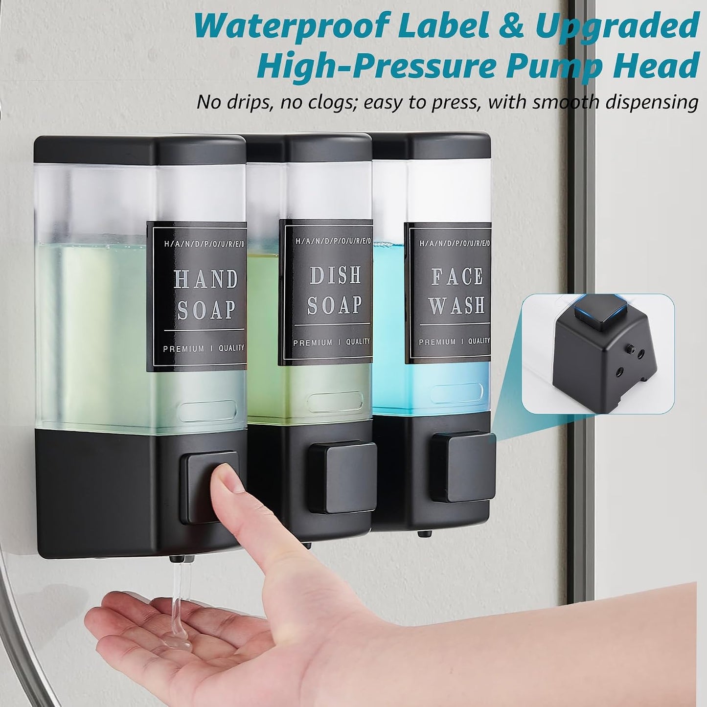 Shampoo and Conditioner Dispenser for Shower, 3 Chamber, Black | Wall Mounted, No Drill, 3×16.9oz, ABS Plastic Material, Refillable With Labels, For Bathroom Hotel