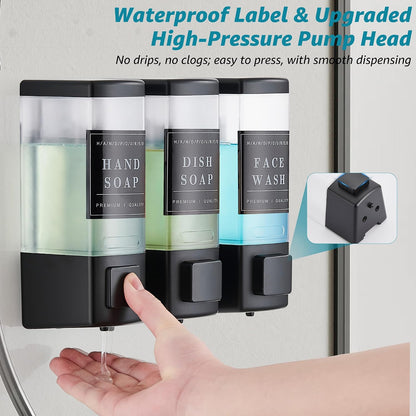 Shampoo and Conditioner Dispenser for Shower, 3 Chamber, Black | Wall Mounted, No Drill, 3×16.9oz, ABS Plastic Material, Refillable With Labels, For Bathroom Hotel