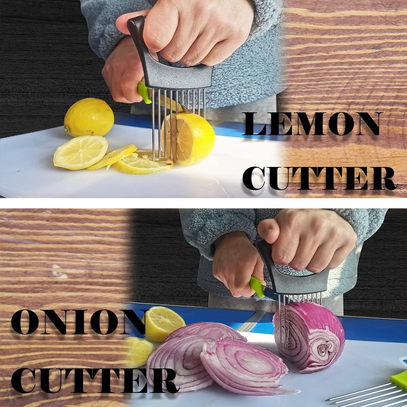 Onion Holder for Slicing - Multi-Purpose Kitchen Tool for Safe and Efficient Slicing of Onions, Tomatoes, Potatoes, Apples, and More | Stainless Steel Vegetable Cutter & Meat Tenderizer 2 PCS
