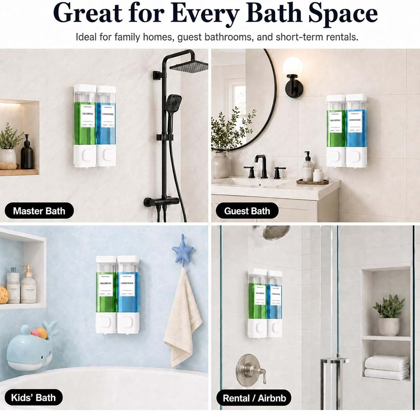 Shampoo and Conditioner Dispenser – Wall-Mounted Shower Soap Dispenser, No-Drill Installation, Lockable, 900 ml Capacity,for Bathroom & Hotel or Airbnb (Black, 3-Pack)