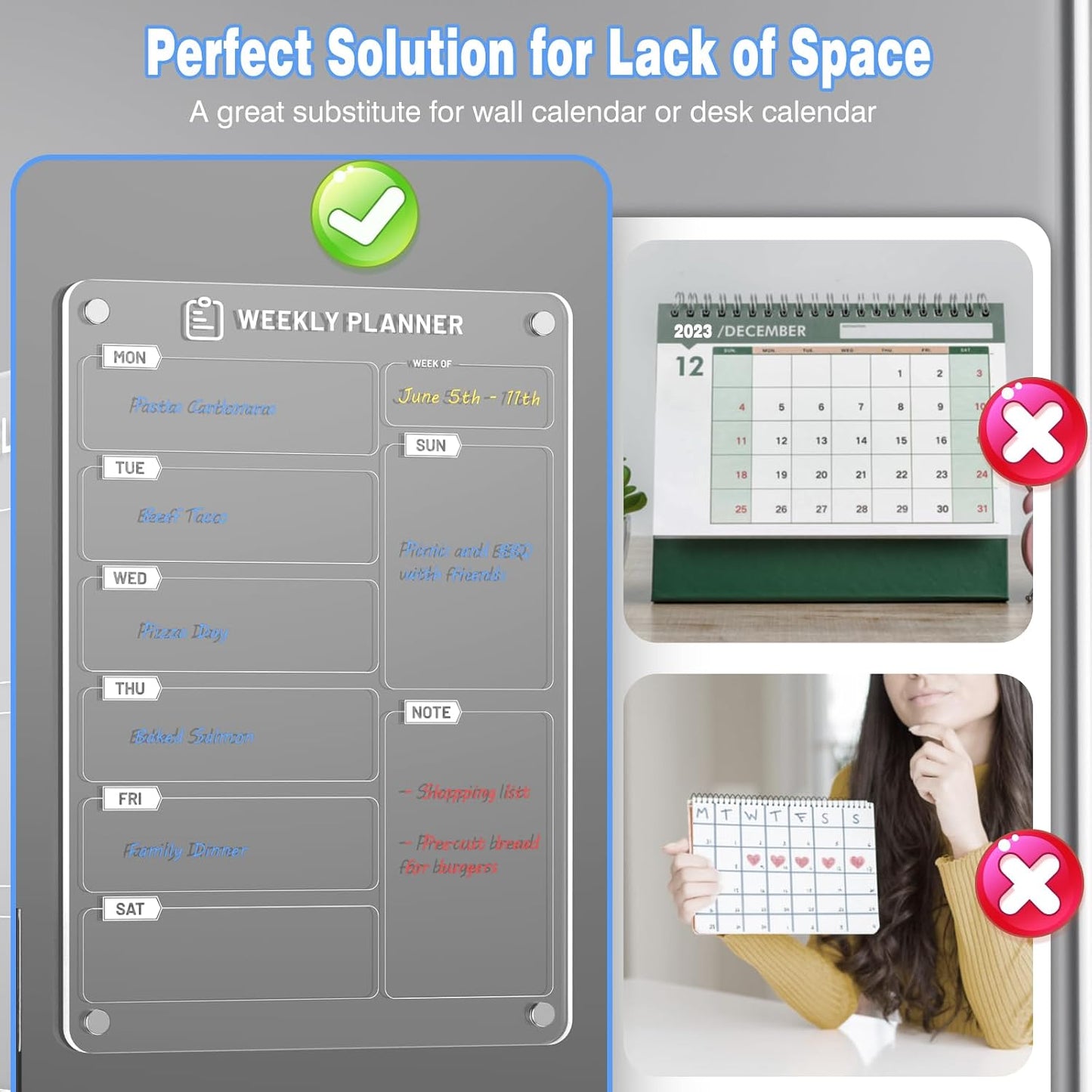 Magnetic Meal Planner for Fridge | Acrylic Weekly Planner with Chalk Marker for to-Do List, Shopping List, Menu List (8 x 12)