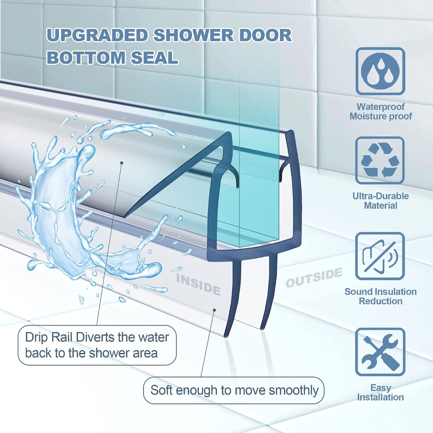 4 Pack Shower Door Bottom Seal Strip for 3/8 Inch Glass Door | Clear PVC shower door seal strip for 3/8 inch frameless glass doors, helps block water leaks and keep floors dry.
