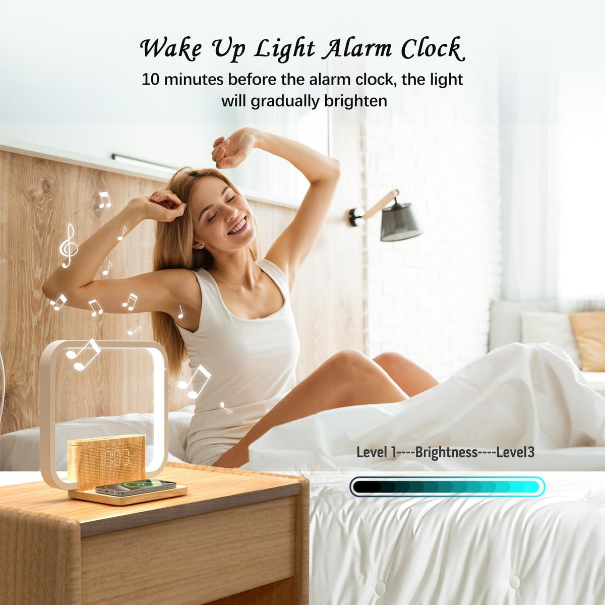 Sunrise Alarm Clock for Heavy Sleepers with Wireless Charger, Wake Up Light, Sleep Aid with 10 Nature Sounds for Bedroom, White Noise Sound Machine for Adults, 3 Way Dimmable Touch Table Lamp