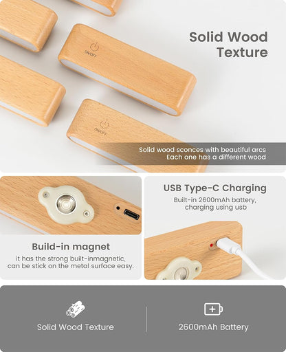 Rechargeable Wall Sconce, Reading Light for Bed, Magnetic Wood Lamp | Set of 2, Black Walnut, Touch Control, Adjustable Brightness, 4000K Nautral Light for Reading, Headboard Light, 360° Rotation