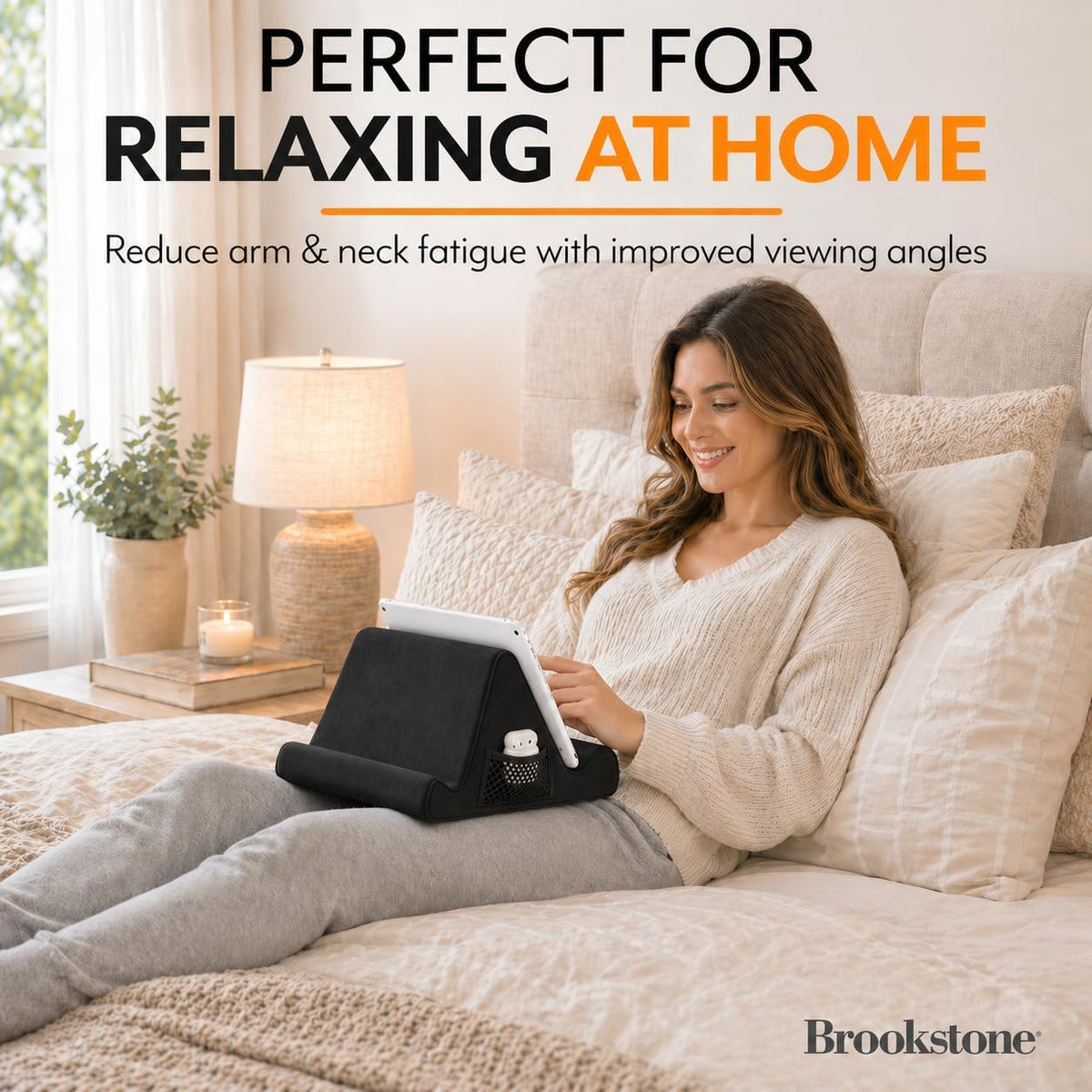 Brookstone Tablet Lap Cushion - Tablet/Phone/Ebook Holder for Bed, Flights, and Travel, Memory Foam Lap Desk for Reading and Hands Free Viewing, Compatible iPad and Kindle Accessories, Grey