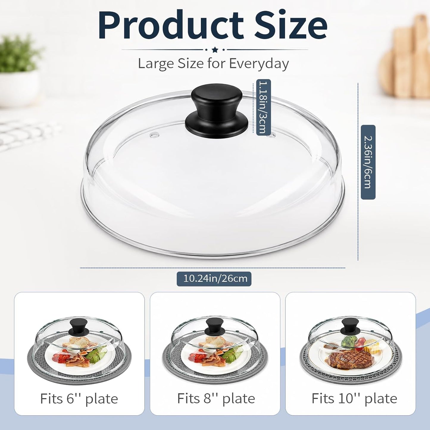 Glass Microwave Cover for Food, Tall Microwave Splatter Cover with Silicone Mat, Vent Holes, BPA Free, Dishwasher Safe, 10 Inch, High Borosilicate Glass Plate Lid with Side Tabs