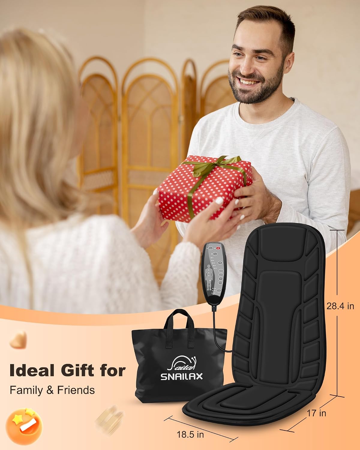 Snailax Vibration Back Massager with Heat, Seat Massager with 8 Vibrating Motors & 5 Modes, Chair Massage Cushion, Massage Pad for Sofa, Recliner, Chair, Home, Office, Gifts for Parents