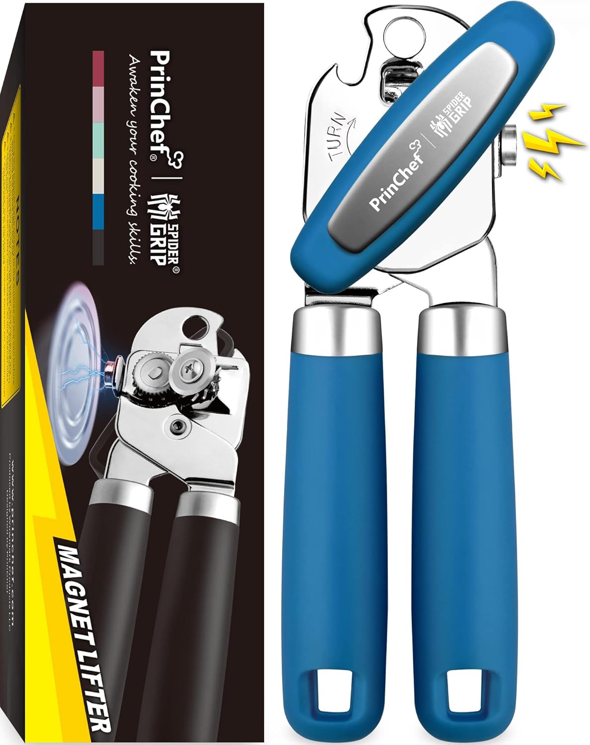 PrinChef Manual Can Openers with Magnet, No-Trouble-Lid-Lift, Handheld Can Opener Smooth Edge with Sharp Blade, Large Effort-Saving Handles, Easy Grip & Heavy Duty, Black