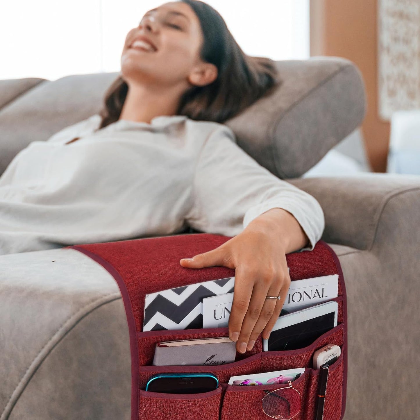 Teniux Remote Control Holder GRS Certified Armchair Caddy for Recliner Couch, Recycled Material Non-Slip Armrest Organizer with 5 Pockets for Magazine, Tablet, Phone, iPad (Dark Grey)