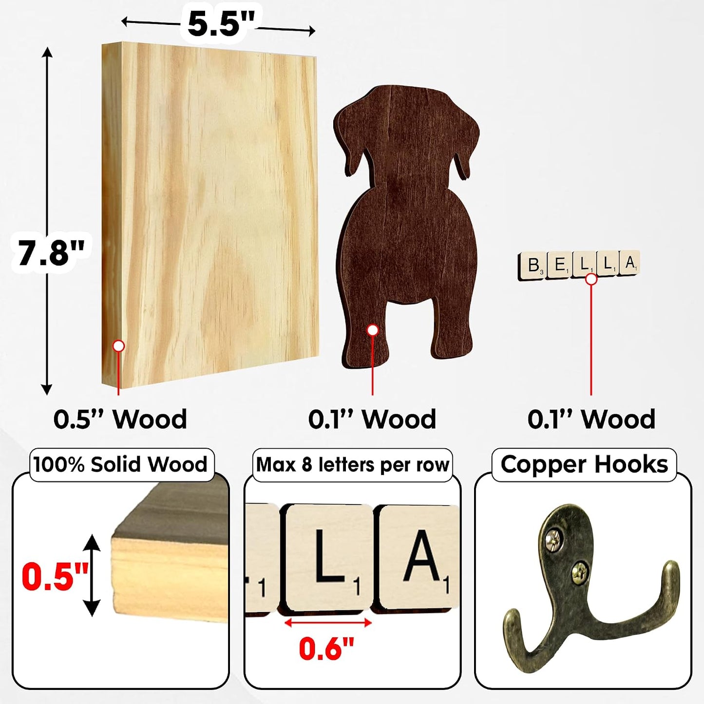 Dog Leash Holder Wall Mount, Pet Harness Hanger with Scrabble Letters, Dog Collar Organizer for Entryway, Memorial Cat Leash Holder for Wall, Pet Loss Gifts, Keepsake, Home Decor PF212-NAT