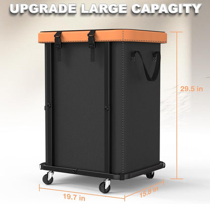 Laundry Hamper with Wheels,150L Leather Patchwork Clothes Hamper Black | Rolling Laundry Basket with Sturdy Metal Frame, Removable Washable Bag,Tall Clothes Sorter for Bedroom, Laundry Room, Dorm